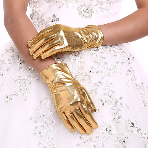 

Faux Leather Wrist Length Glove Bridal Gloves With Ruffles