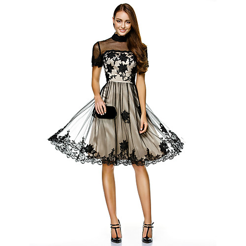

A-Line Color Block Wedding Guest Cocktail Party Dress Illusion Neck Short Sleeve Knee Length Lace Over Tulle with Lace Insert Embroidery Appliques 2021