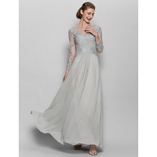 

A-Line Mother of the Bride Dress Sparkle & Shine Scoop Neck Floor Length Chiffon Lace Long Sleeve with Appliques 2021
