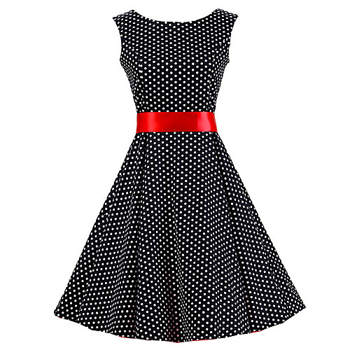 

Women's A Line Dress Knee Length Dress Black Sleeveless Black & Red Polka Dot Print Round Neck Vintage Party S M L XL XXL / Cotton / Cotton