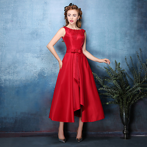 

A-Line Cocktail Party Dress Jewel Neck Tea Length Satin Chiffon Polyester with Bow(s) Beading 2021