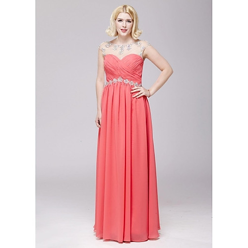 

A-Line Open Back Prom Formal Evening Dress Illusion Neck Sleeveless Floor Length Chiffon with Beading 2021