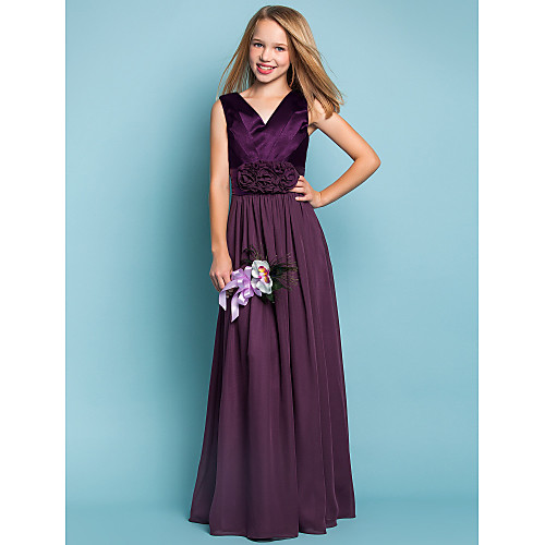 

Sheath / Column Floor Length Junior Bridesmaid Dress Chiffon Sleeveless V Neck with Flower / Fall / Spring / Summer / Apple / Hourglass