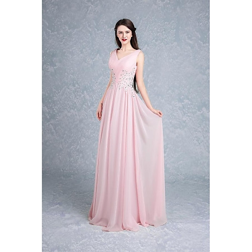 

Ball Gown Elegant Formal Evening Dress V Neck Sleeveless Floor Length Chiffon with Beading Appliques 2021