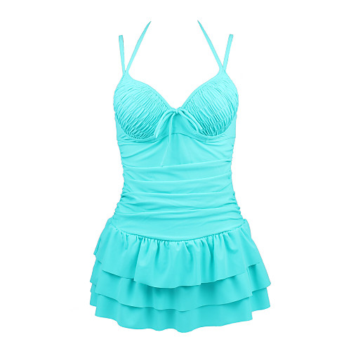 

Women's One Piece Swimsuit Blue Orange Swimwear Halter Neck Bathing Suits