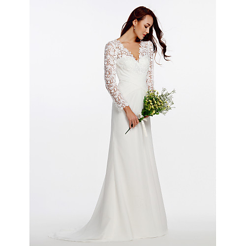

Sheath / Column Wedding Dresses V Neck Sweep / Brush Train Chiffon Floral Lace Long Sleeve Romantic Boho Little White Dress Illusion Sleeve with Lace Buttons Criss-Cross 2021