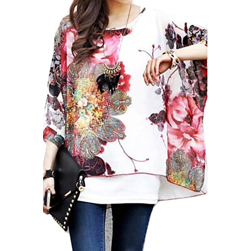 

Women's Floral Batwing Sleeve Oversized Blouse Boho Daily Weekend White