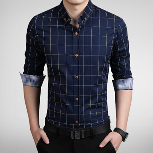 

Men's Shirt Plaid Plus Size Print Long Sleeve Daily Slim Tops Business Button Down Collar Wine Navy Blue Blue / Fall / Spring / Work