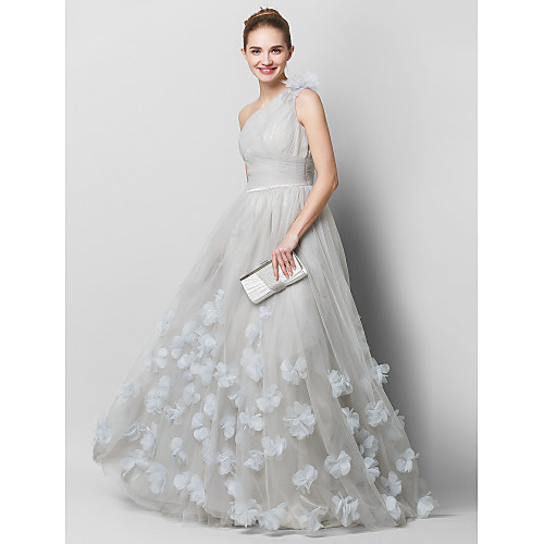 

A-Line Floral Quinceanera Prom Dress One Shoulder Sleeveless Court Train Tulle with Ruched Appliques 2021