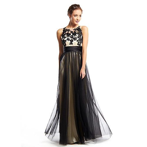 

A-Line Scoop Neck Floor Length Tulle Color Block Prom / Formal Evening Dress with Appliques by TS Couture