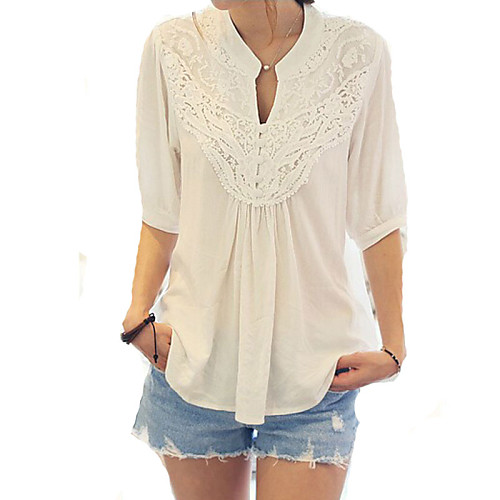 

Women's Patchwork Lace Loose Blouse Daily Weekend V Neck White / Black