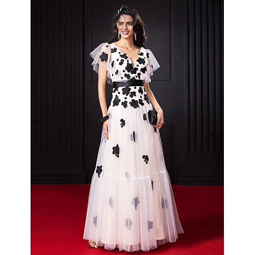 

A-Line Celebrity Style Prom Dress V Neck Short Sleeve Floor Length Tulle with Sash / Ribbon Flower 2020