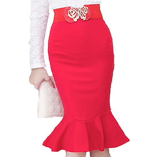 

Women's Work Plus Size Bodycon Skirts - Solid Colored Ruffle Ruffle Red Black S M L / Sexy / Slim