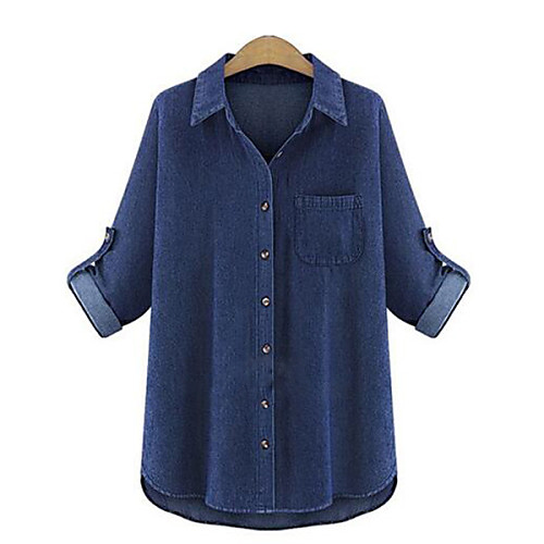 

Women's Shirt Solid Colored Plus Size Long Sleeve Holiday Tops Basic Dark Blue Light Blue
