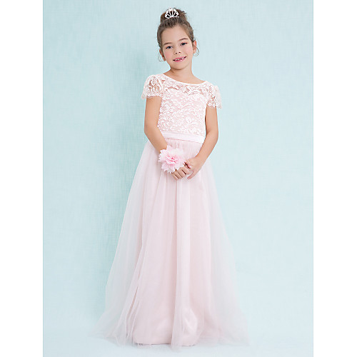

A-Line Floor Length Junior Bridesmaid Dress Lace Short Sleeve Scoop Neck with Lace