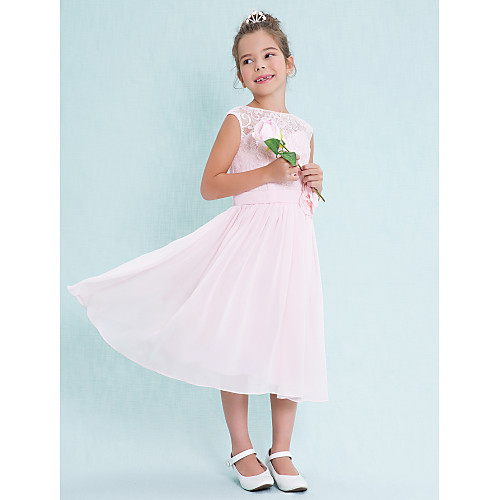 

A-Line Tea Length Junior Bridesmaid Dress Chiffon Sleeveless Scoop Neck with Lace / Natural