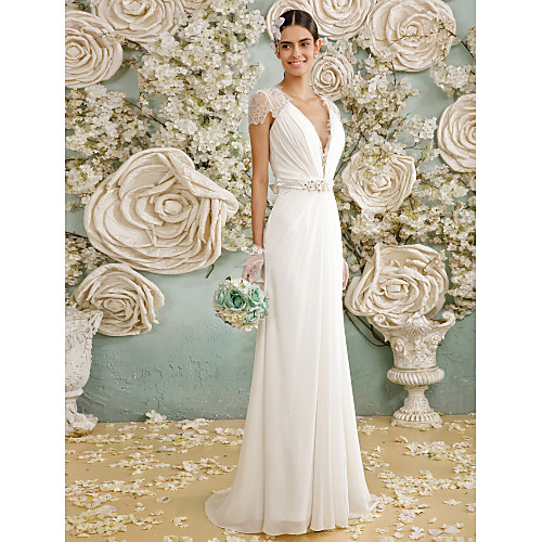 

Sheath / Column Wedding Dresses V Neck Sweep / Brush Train Chiffon Sheer Lace Short Sleeve Casual Vintage See-Through Plus Size Backless with Crystal Button 2021 / Illusion Sleeve