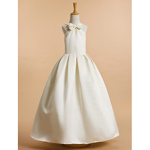 

A-Line Ankle Length Flower Girl Dresses Wedding Satin Sleeveless V Neck with Bow(s) / First Communion