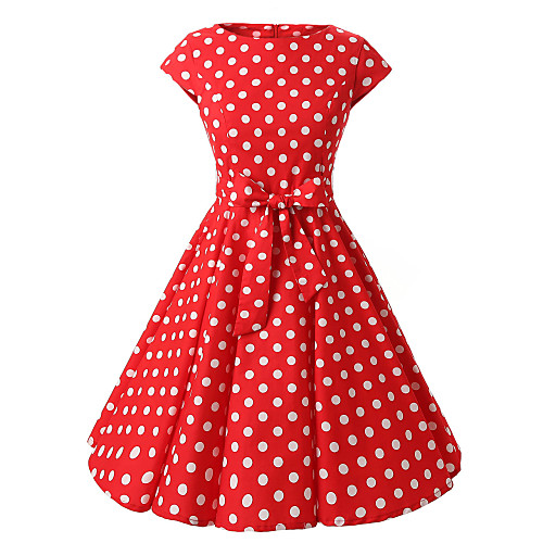

Women's A Line Dress Knee Length Dress Purple Red Black Short Sleeve Red Polka Dot Print Boat Neck Vintage Going out S M L XL XXL / Cotton / Cotton