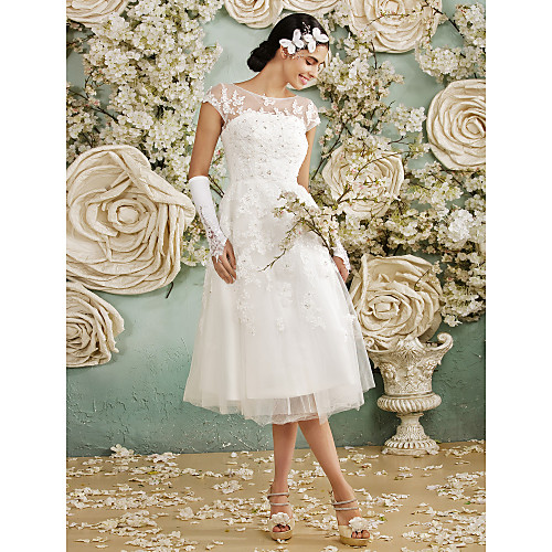 

A-Line Wedding Dresses Scoop Neck Tea Length Lace Over Tulle Cap Sleeve Vintage Little White Dress Illusion Detail 1950s with Appliques 2021