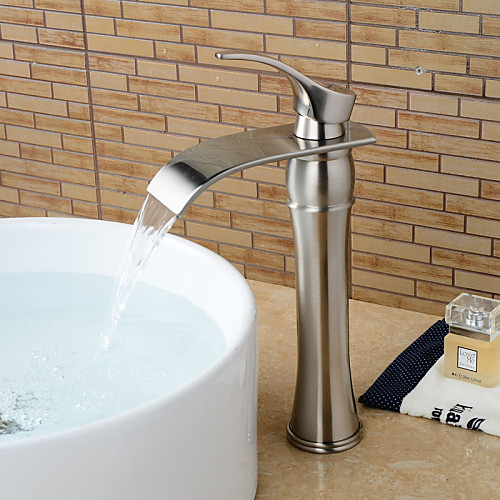

Brass Bathroom Sink Faucet,Waterfall Nickel Brushed Vessel Single Handle One Hole Contemporary Bath Taps with Hot and Cold Switch and Ceramic Valve