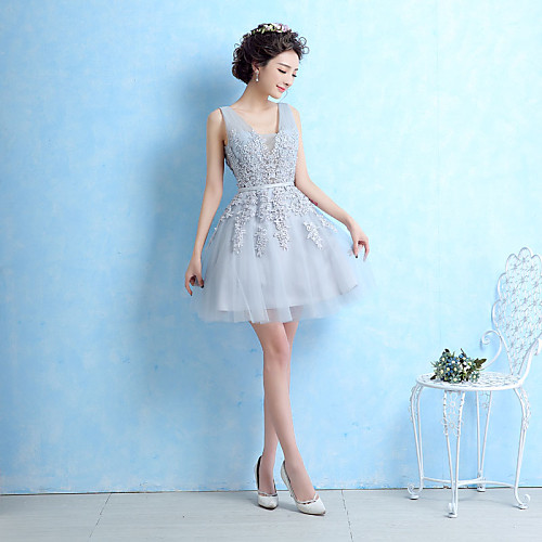 

A-Line Lace Up Cocktail Party Dress V Neck Sleeveless Short / Mini Lace with Sash / Ribbon Beading 2021