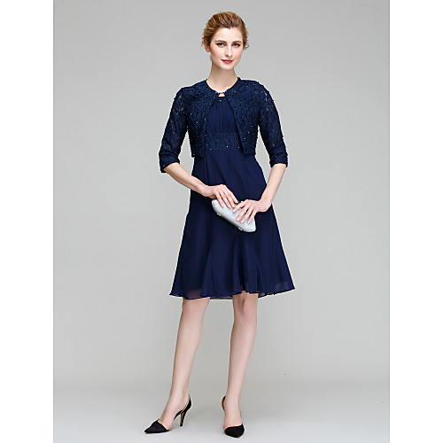 

A-Line Mother of the Bride Dress Convertible Dress Scoop Neck Knee Length Chiffon Beaded Lace Half Sleeve with Lace Beading Draping 2021
