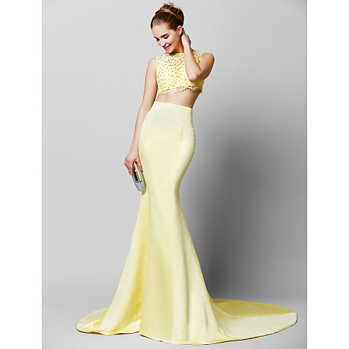 

Mermaid / Trumpet Two Piece Prom Formal Evening Dress Scoop Neck Sleeveless Court Train Lace Satin with Lace Sequin 2020