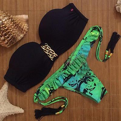 

Women's Bikini Swimsuit Print Floral Green Swimwear Bandeau Strapless Bathing Suits / Padded Bras / Sexy
