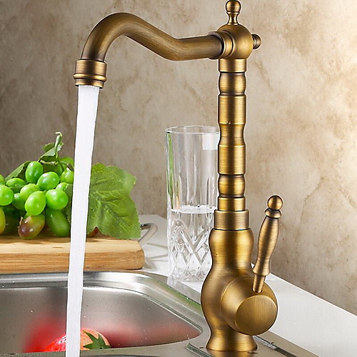 

Antique Brass Kitchen Faucet, Deck Mounted One Hole Standard Spout Rotatable Kitchen Taps with Hot and Cold Switch