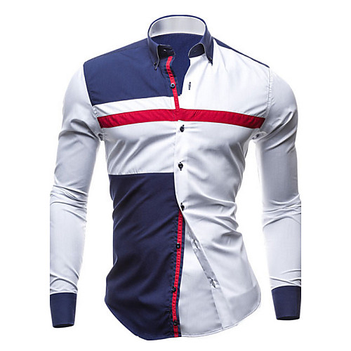 

Men's Shirt Color Block Plus Size Patchwork Long Sleeve Daily Slim Tops Spread Collar Navy Blue White / Fall / Spring