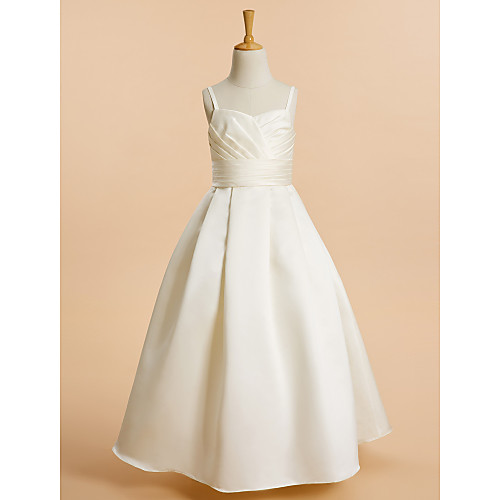

A-Line Floor Length Flower Girl Dresses Wedding Satin Sleeveless Spaghetti Strap with Sash / Ribbon / First Communion
