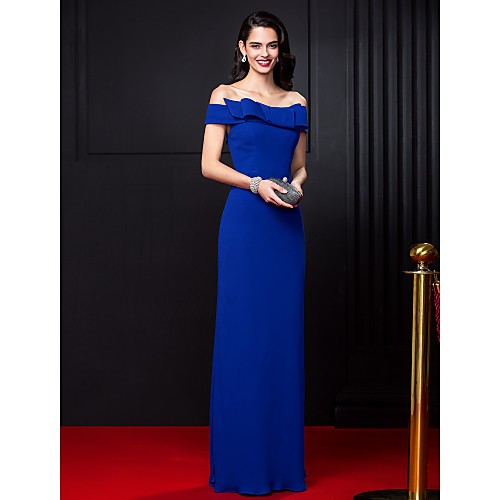 

Sheath / Column Elegant Wedding Guest Formal Evening Dress Off Shoulder Sleeveless Floor Length Chiffon with Bow(s) 2021