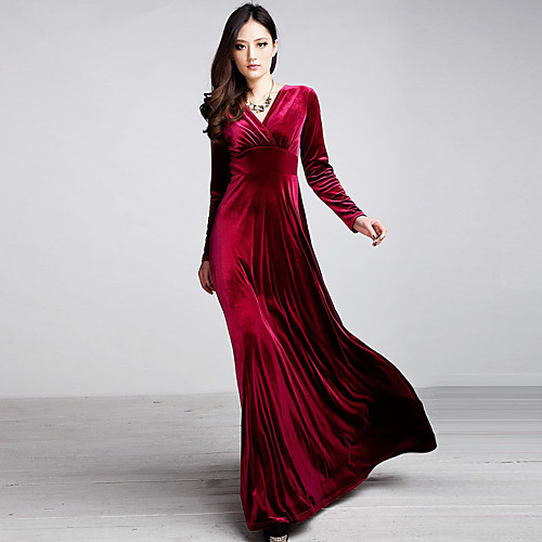 

Women's Swing Dress Maxi long Dress Wine Purple Blue Emerald Black Long Sleeve Solid Colored Fall Winter V Neck Sophisticated Going out Velvet S M L XL XXL 3XL / Cotton / Plus Size / Plus Size