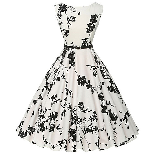 

Women's A Line Dress Knee Length Dress White Sleeveless Floral Print Round Neck Vintage S M L XL XXL / Cotton / Cotton