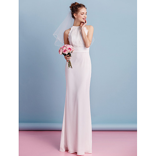 

Sheath / Column Wedding Dresses Jewel Neck Floor Length Chiffon Lace Regular Straps Floral Lace with Lace Sash / Ribbon 2021