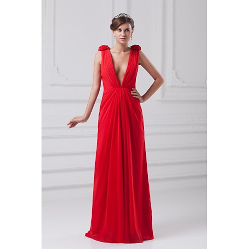 

Sheath / Column Formal Evening Dress Plunging Neck Sleeveless Floor Length Chiffon with Side Draping Flower 2021