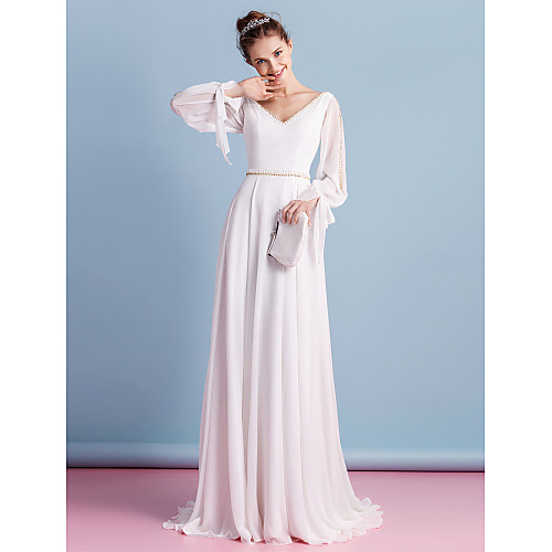 

Sheath / Column Wedding Dresses V Neck Court Train Chiffon Long Sleeve with Beading 2021