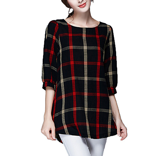 

Women's Blouse Plaid Check Racerback Round Neck Streetwear Tops Black