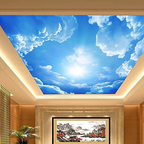 3d Shinny Leather Effect Large Lobby Ceiling Mural Wallpaper Blue