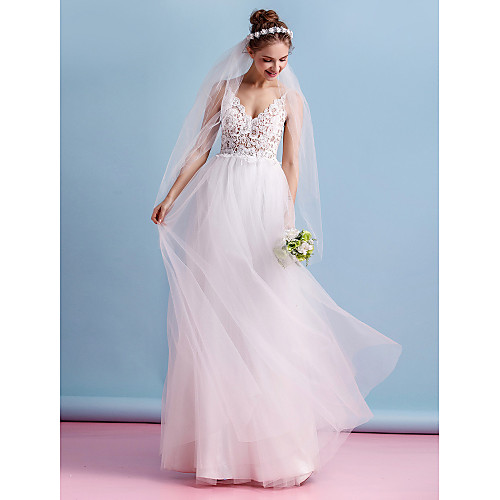 

A-Line Wedding Dresses V Neck Floor Length Tulle Sheer Lace Spaghetti Strap Romantic Illusion Detail Backless with Lace 2021