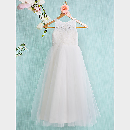 

A-Line Ankle Length Flower Girl Dresses Wedding Lace Sleeveless Jewel Neck with Lace / First Communion