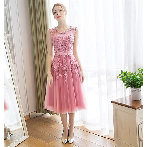 

A-Line Floral Wedding Guest Cocktail Party Dress Jewel Neck Sleeveless Tea Length Lace Satin with Appliques 2021
