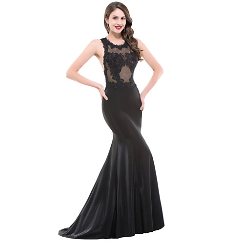 

Mermaid / Trumpet Formal Evening Dress Jewel Neck Floor Length Lace Satin with Appliques 2020