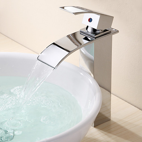 

Brass Bathroom Sink Faucet Waterfall Chrome Vessel Single Handle One Hole Bath Taps with Cold and Hot Water