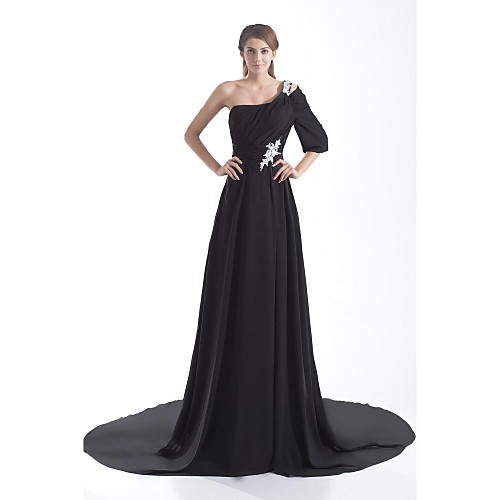 

A-Line Elegant Formal Evening Dress One Shoulder Half Sleeve Court Train Chiffon with Pleats Appliques 2021