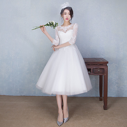 

A-Line Wedding Dresses Jewel Neck Tea Length Tulle Sheer Lace 3/4 Length Sleeve Casual See-Through Backless with Beading Appliques 2021