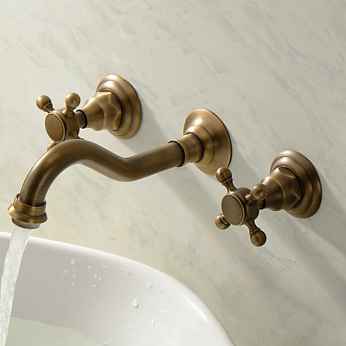

Brass BathroomFaucet,Wall MountedTwo Handles Three Holes Widespread Bathroom Sink Faucet Contain with Cold and Hot Water
