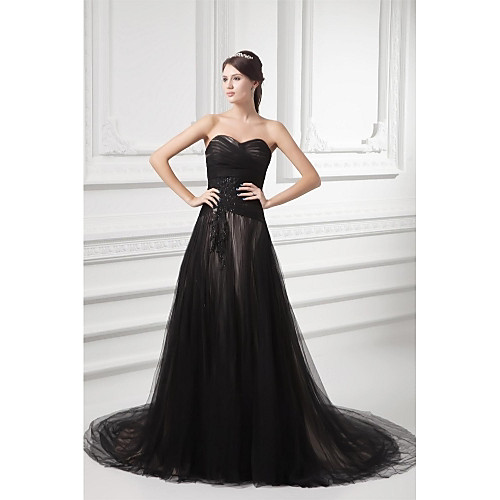 

A-Line Elegant Formal Evening Dress Sweetheart Neckline Sleeveless Court Train Tulle with Pleats Beading Appliques 2021