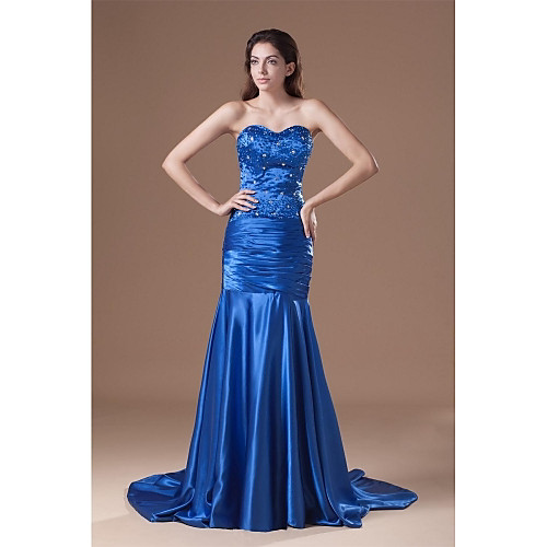 

Mermaid / Trumpet Elegant Formal Evening Dress Sweetheart Neckline Sleeveless Court Train Stretch Satin with Pleats Beading 2021